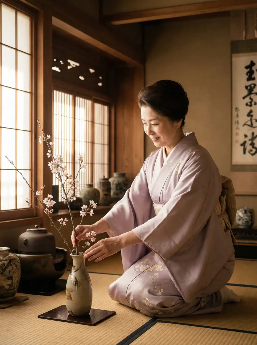 一位优雅的 万利平台 在和室中插花